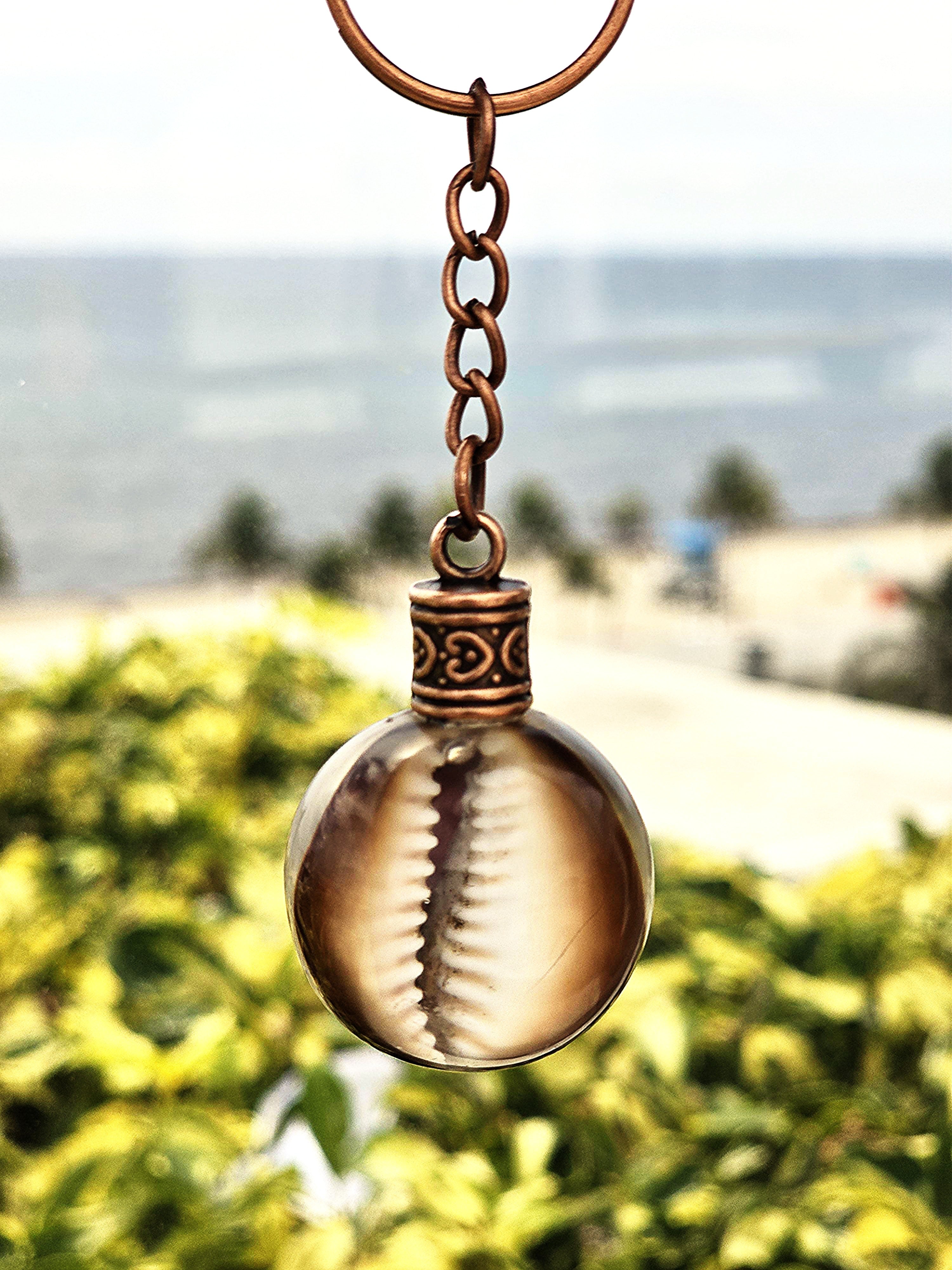 Brown cowrie shell aperture suspended in a clear resin orb keychain with an ocean backdrop