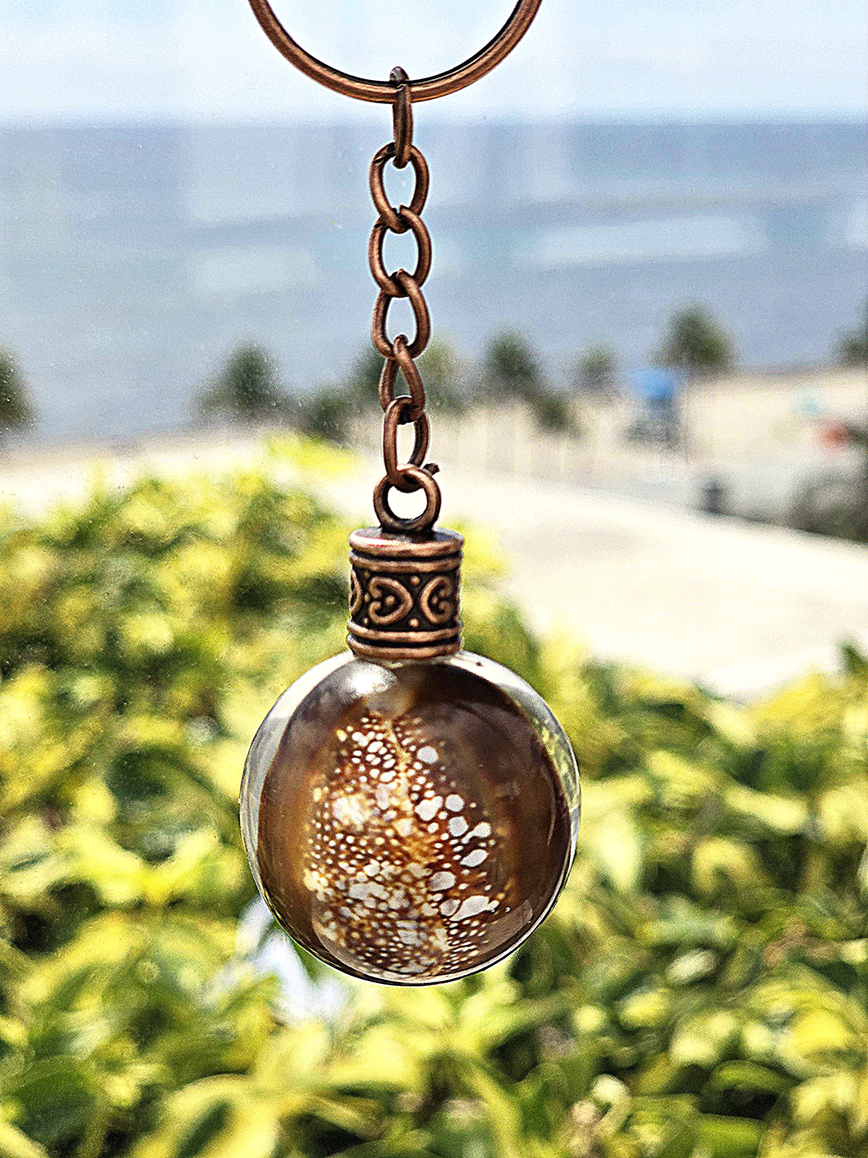 Speckled dorsal side of a brown cowrie shell in a clear resin orb keychain