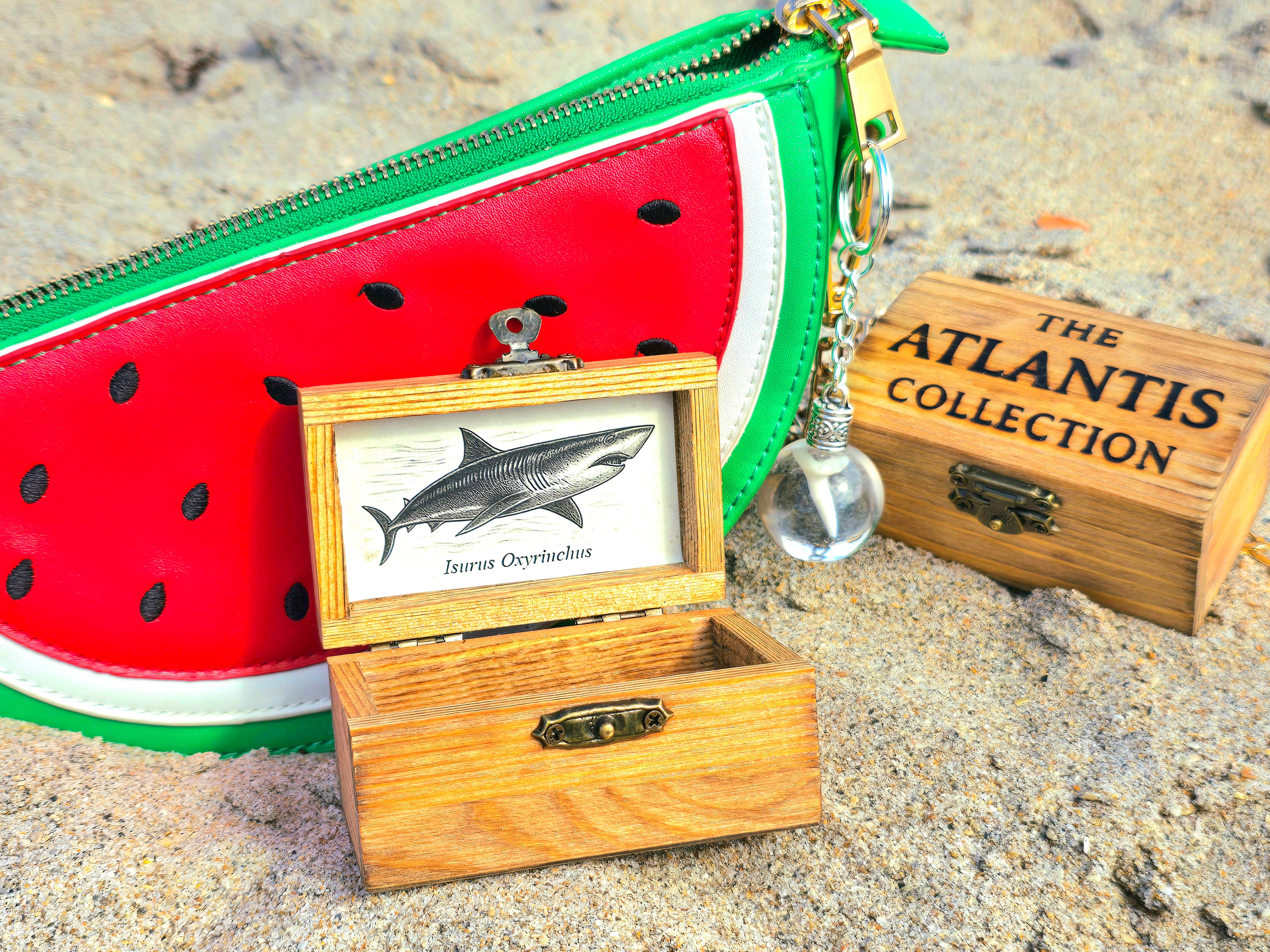 Open wooden treasure chest with a mako shark card and an engraved Atlantis Collection box on sand beside a watermelon purse
