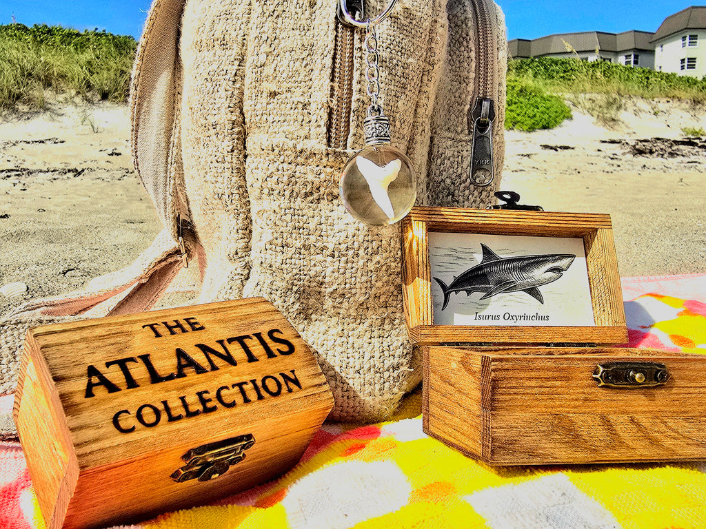 Mako shark tooth keychain hanging from a straw beach bag beside open and closed Atlantis Collection wooden treasure chest boxes