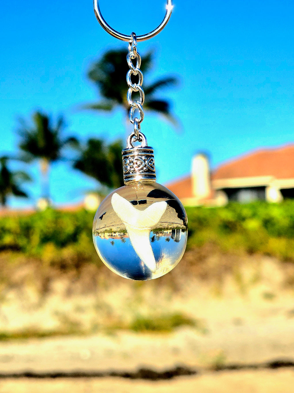 Close-up of the mako shark tooth resin sphere keychain dangling against a blurred palm tree and beach background
