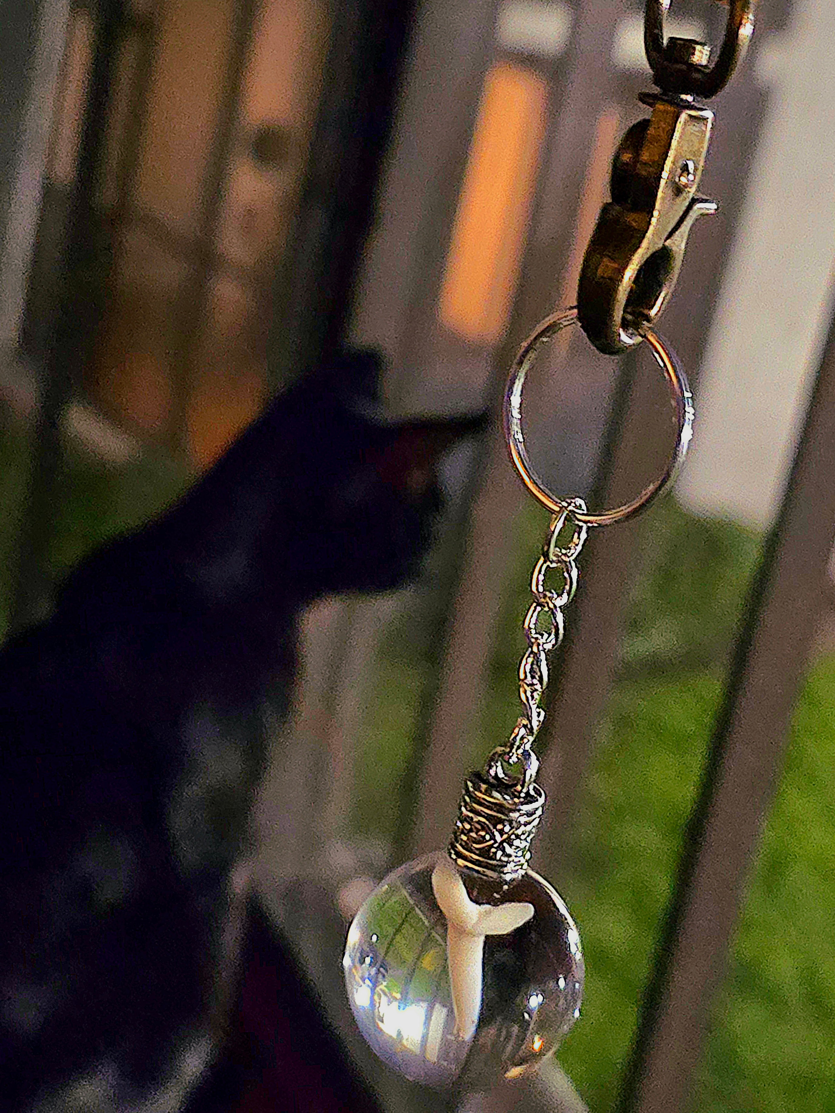 Mako shark tooth resin keychain clipped to a swivel hook hanging outdoors at dusk with a black cat in the background