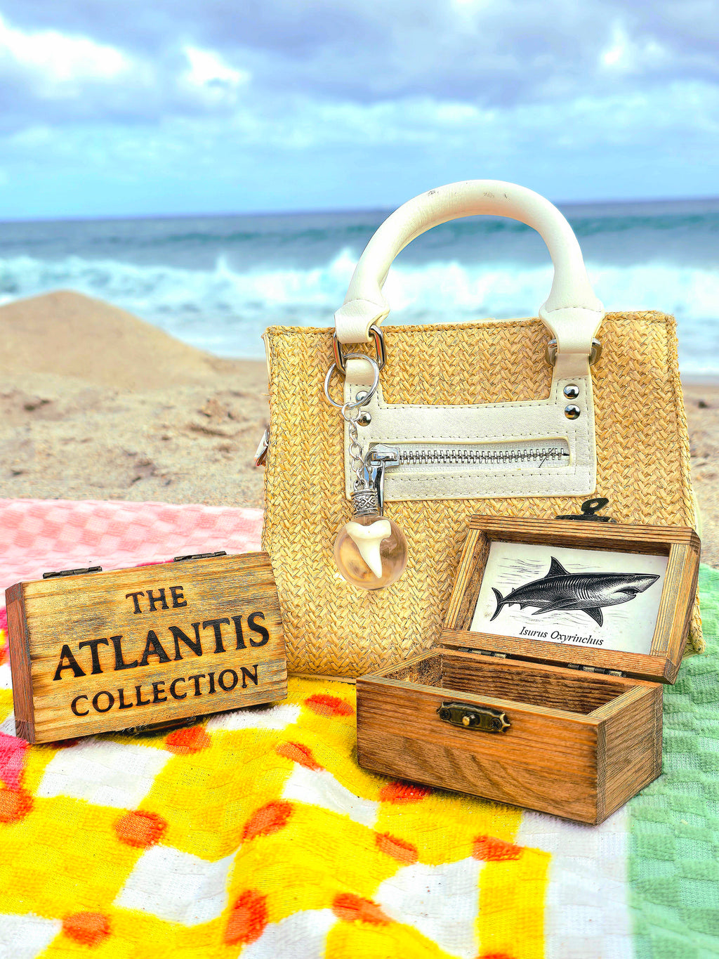 Mako shark tooth suspended in a clear resin sphere keychain held up against a sunny palm-lined beach