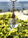 Silver seahorse charm suspended in a clear resin orb keychain with an ocean backdrop