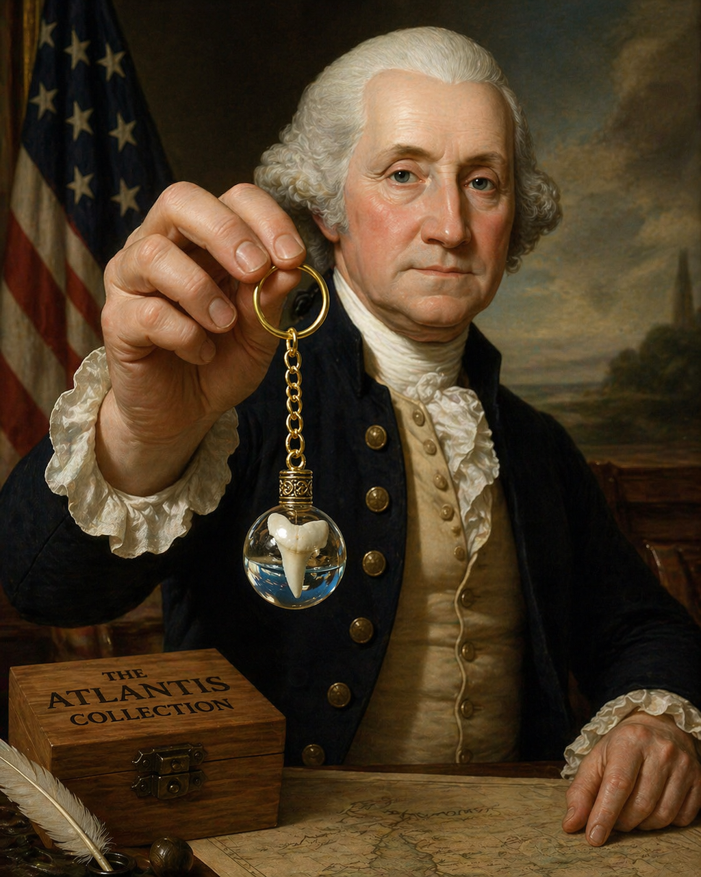 Stylized George Washington portrait holding a mako shark tooth keychain beside an Atlantis Collection wooden box